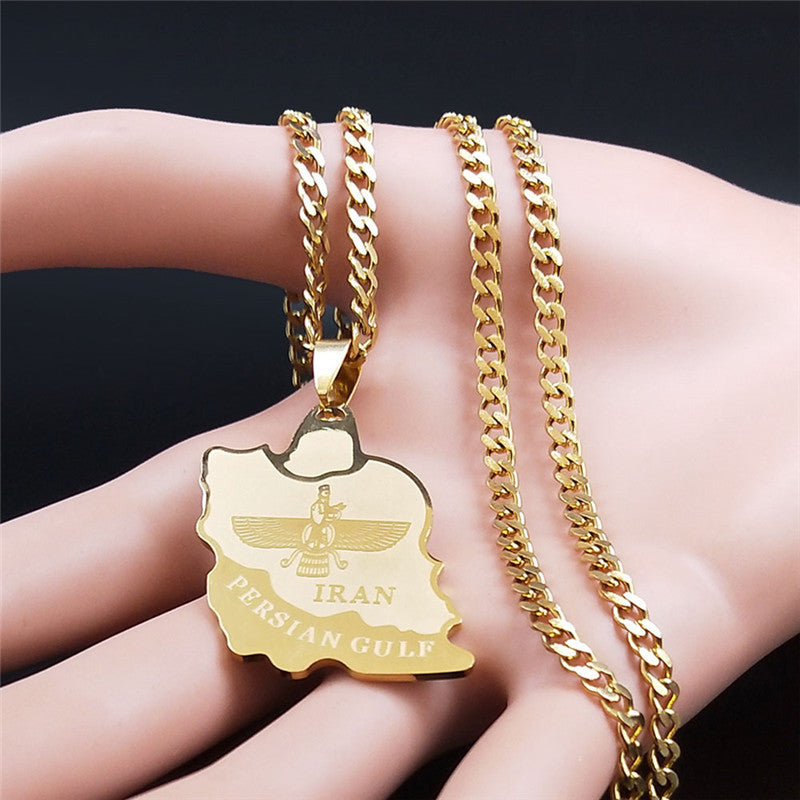 Stainless Steel Iran Map Ahula Mazda Pendant Necklace