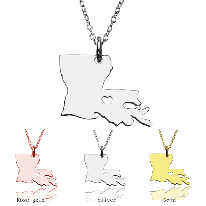 USA Louisiana State Map Stainless Steel Necklace