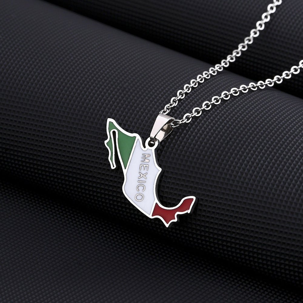 Stainless Steel Mexican Map And Flag Necklace For Men And Women Couple Sweater Chain