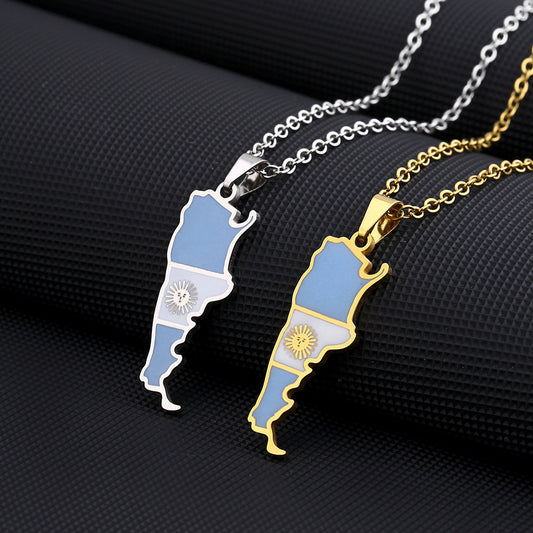 Stainless Steel Argentina Map And Flag Necklace