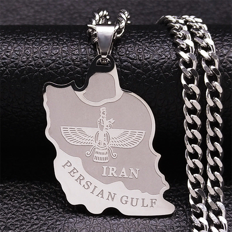 Stainless Steel Iran Map Ahula Mazda Pendant Necklace