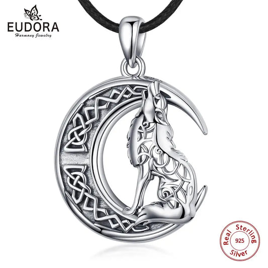 Eudora 925 Sterling silver Wolf on the Moon Necklace Valknut Odin 's Symbol of Norse Viking Warriors Men'women Necklaces CYD554