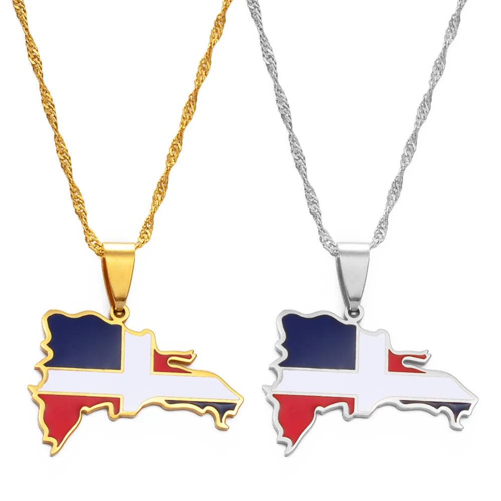 Anniyo Dominican Map Multicolor Flag Pendant Necklaces Dominicans Country Map Jewelry Silver Color/Gold Color @200721