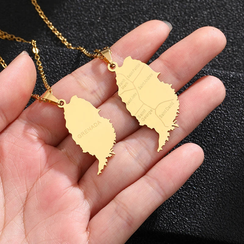 Stainless Steel Grenada Island Map Pendant Necklace Gold/Steel color Men women Country Windward Islands Map jewelry Gift