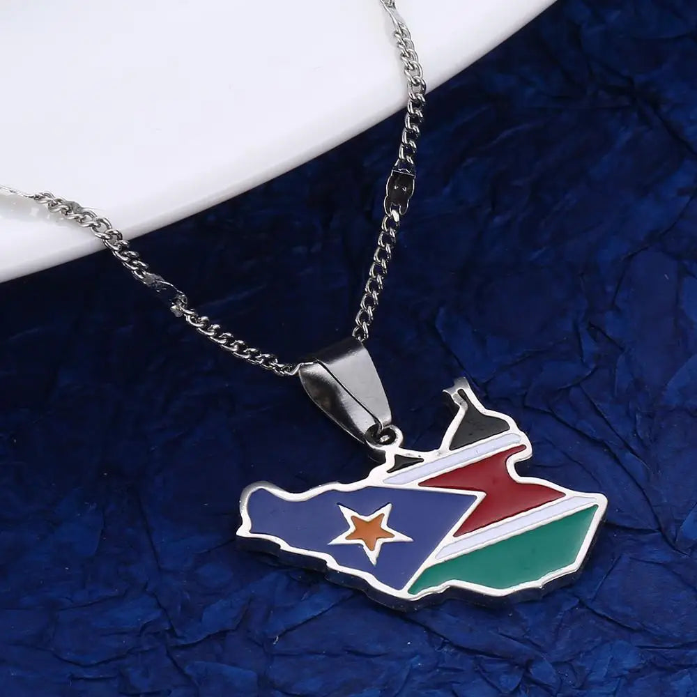 Stainless Steel Enamel South Sudan Map Pendant Necklace Map of South Sudan Country Maps Chain Jewellery