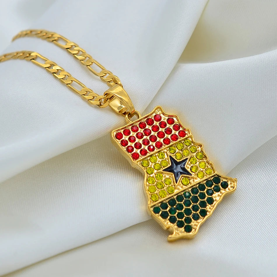 Anniyo Ghana Map Flag With Stone Pendant Necklace Gold Color Jewelry Ghanaian Country Maps Patriotic National Day  @@240906