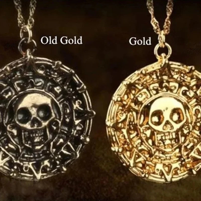 Vintage Pirates of The Caribbean Aztec Skull Necklace Circular Pendant Neck Chain for Men 2021 Jewelry Sets Metal Accessories