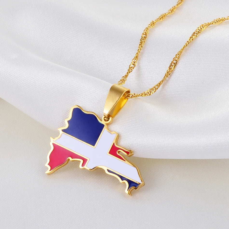 Anniyo Dominican Map Multicolor Flag Pendant Necklaces Dominicans Country Map Jewelry Silver Color/Gold Color @200721