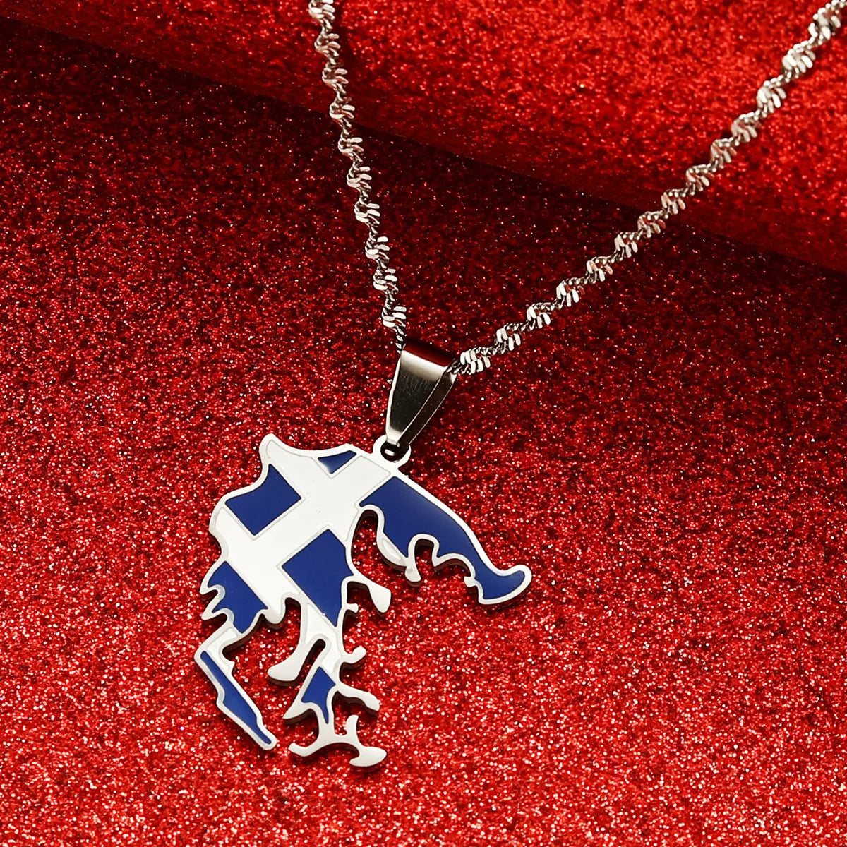 Stainless Steel Greece Map Flag Pendant Greek Silver Jewelry Patriotic Gift Women Necklaces