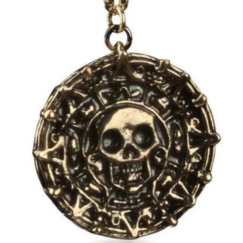 Vintage Pirates of The Caribbean Aztec Skull Necklace Circular Pendant Neck Chain for Men 2021 Jewelry Sets Metal Accessories