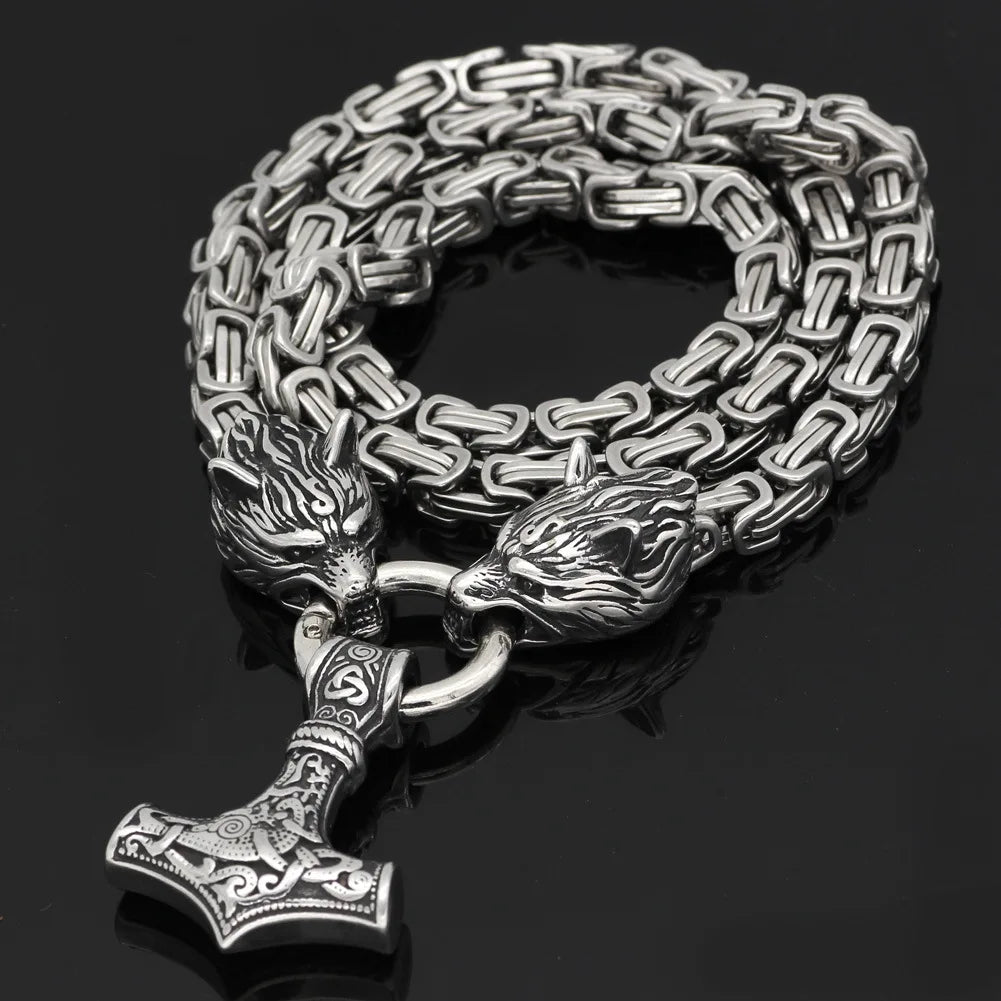 Punk Gold Color Double Chain Viking Wolf Necklace Men Women Hiphop Stainless Steel Amulet Hammer Norse Runes Pendant Jewelry