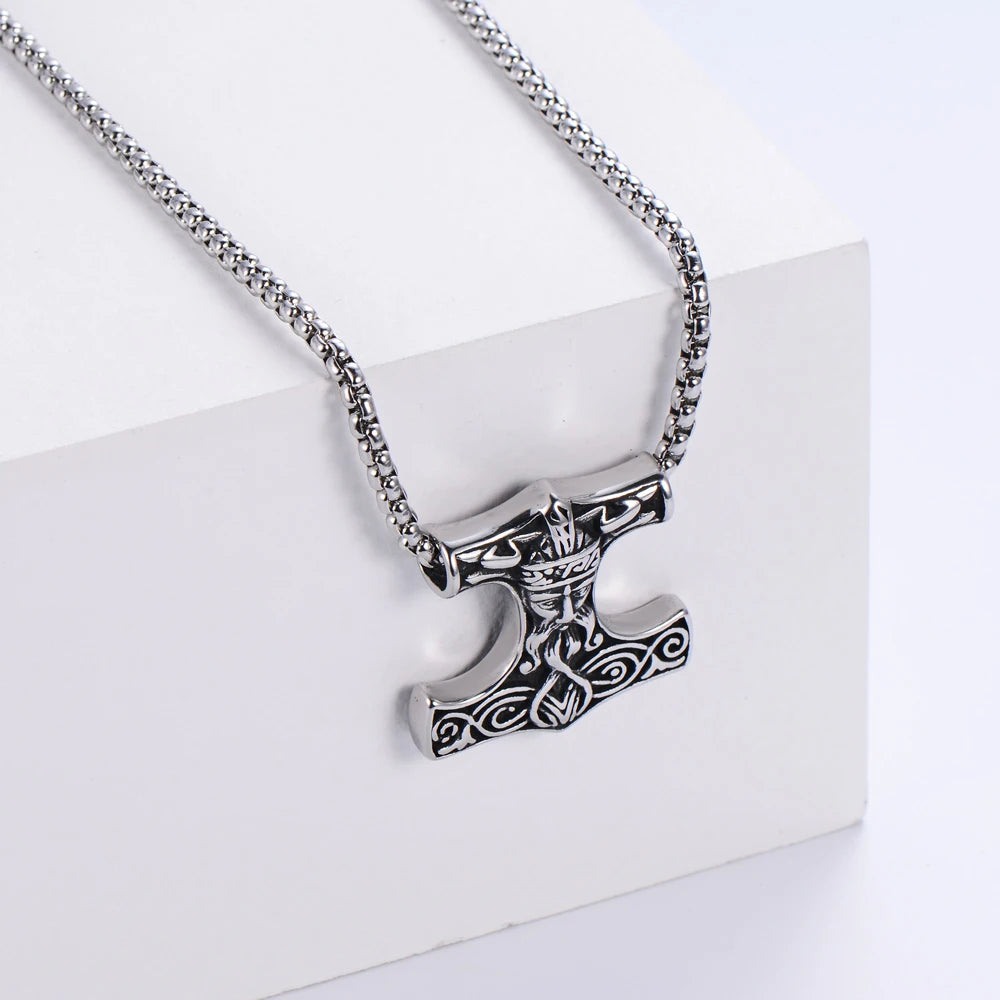 Hot Sell Vintage Stainless Steel Norse Viking Pendant Necklace Wolf Thor's Hammer Mjolnir Scandinavian Odin Amulet Men Jewelry