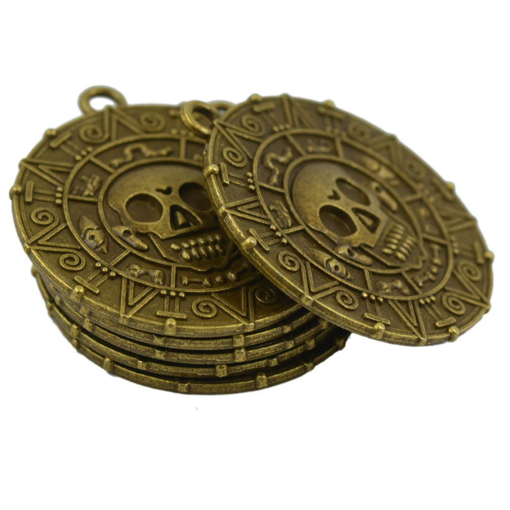 6 PCS Punk Halloween Pirates Aztec Coin Medallion Skull Necklace Pendant Bronze for Necklaces Bracelets Earrings