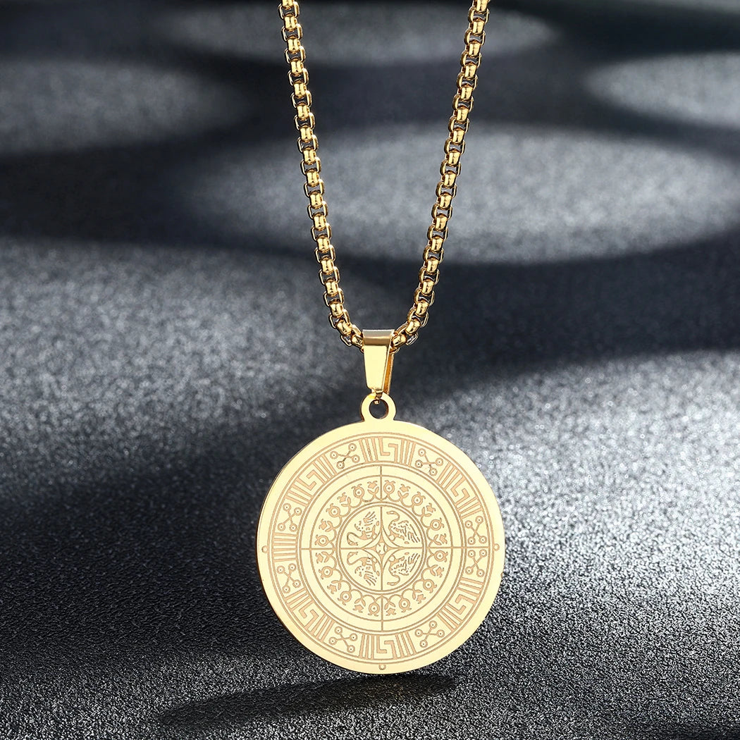 Kinitial Ancient Greek Medallion Pendant Necklaces Men Stainless Steel Chain Necklace For Women Boyfriend Gift Choker Jewelry