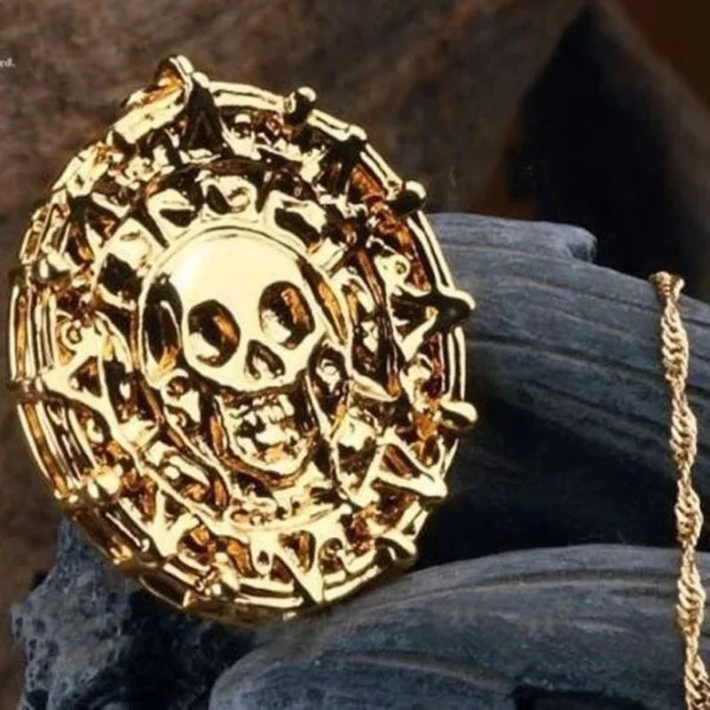 Vintage Pirates of The Caribbean Aztec Skull Necklace Circular Pendant Neck Chain for Men 2021 Jewelry Sets Metal Accessories