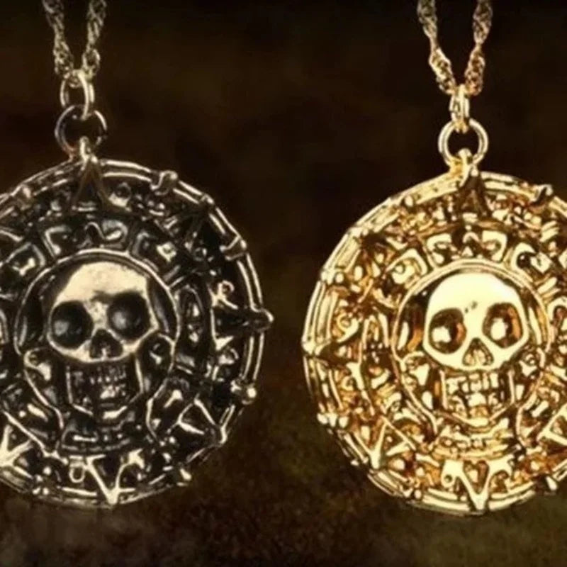 Vintage Pirates of The Caribbean Aztec Skull Necklace Circular Pendant Neck Chain for Men 2021 Jewelry Sets Metal Accessories