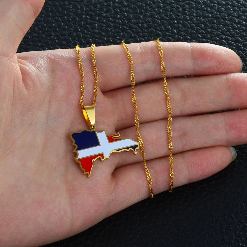 Anniyo Dominican Map Multicolor Flag Pendant Necklaces Dominicans Country Map Jewelry Silver Color/Gold Color @200721