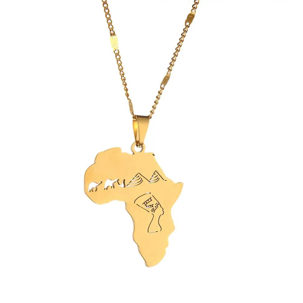 Stainless Steel Africa Map Pendant Necklace Egyptian Queen Nefertiti Camel Pyramid Charm Jewelry