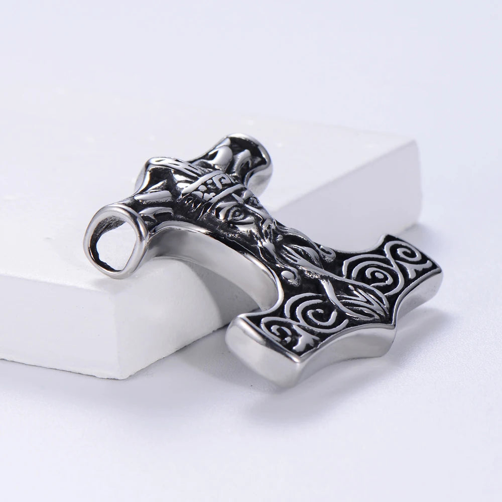 Hot Sell Vintage Stainless Steel Norse Viking Pendant Necklace Wolf Thor's Hammer Mjolnir Scandinavian Odin Amulet Men Jewelry