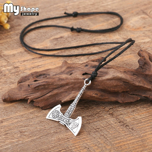 My Shape Viking Ax Axe Necklace for Men Norse Viking Runes Compass Flag Pendant Chain Vintage Amulet Jewelry Male Boy Gifts