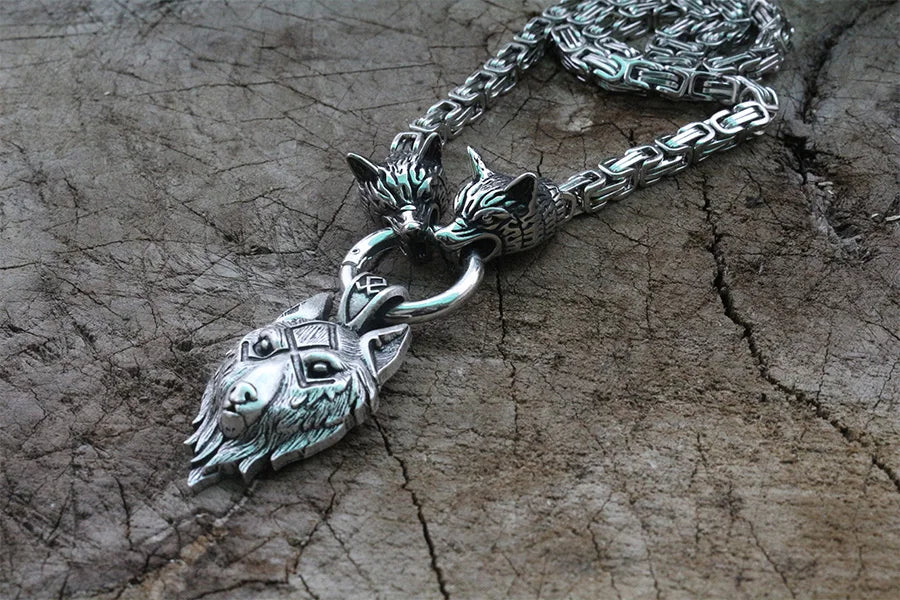 Men stainless steel necklace viking wolf head with viking wolf pendant norse talisman ethnic jewelry