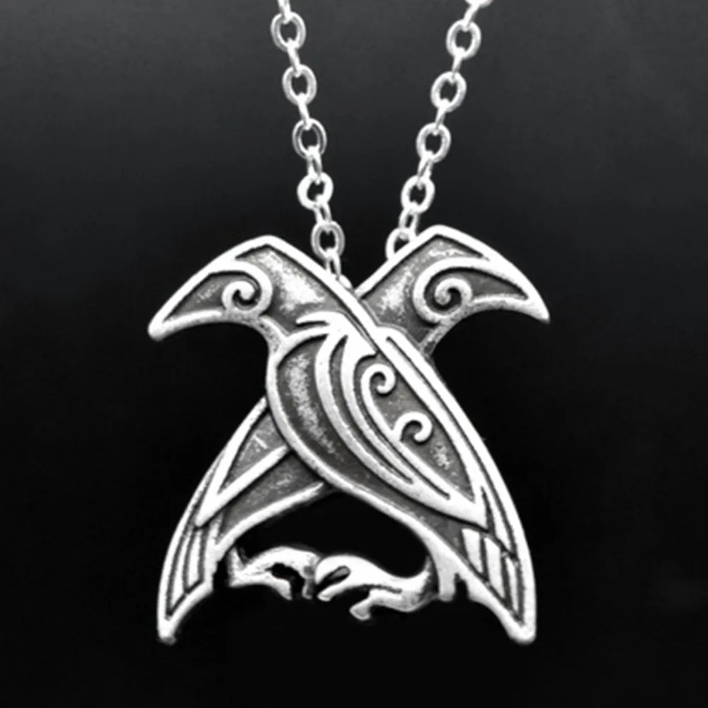 Norse Viking Rune Two Crow Odin's Ravens Bird Pendant Necklace Totem With Chain For Women Men Mythology Amulet Talisman Jewelry