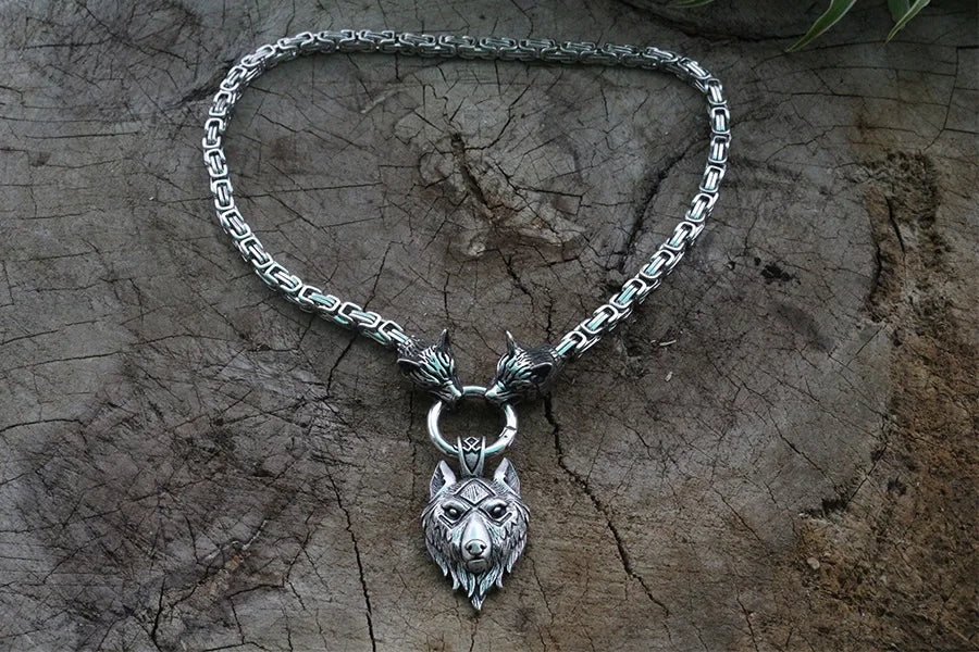 Men stainless steel necklace viking wolf head with viking wolf pendant norse talisman ethnic jewelry