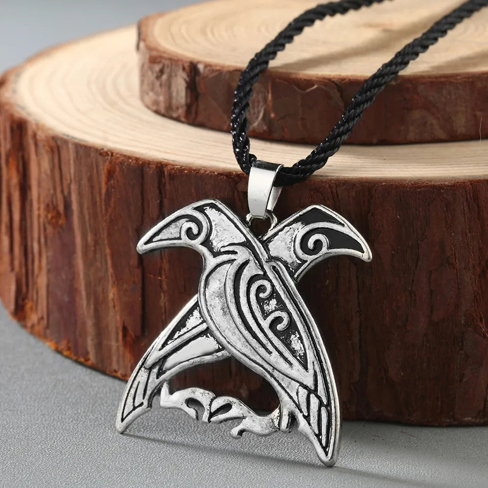 Norse Viking Rune Two Crow Odin's Ravens Bird Pendant Necklace Totem With Chain For Women Men Mythology Amulet Talisman Jewelry