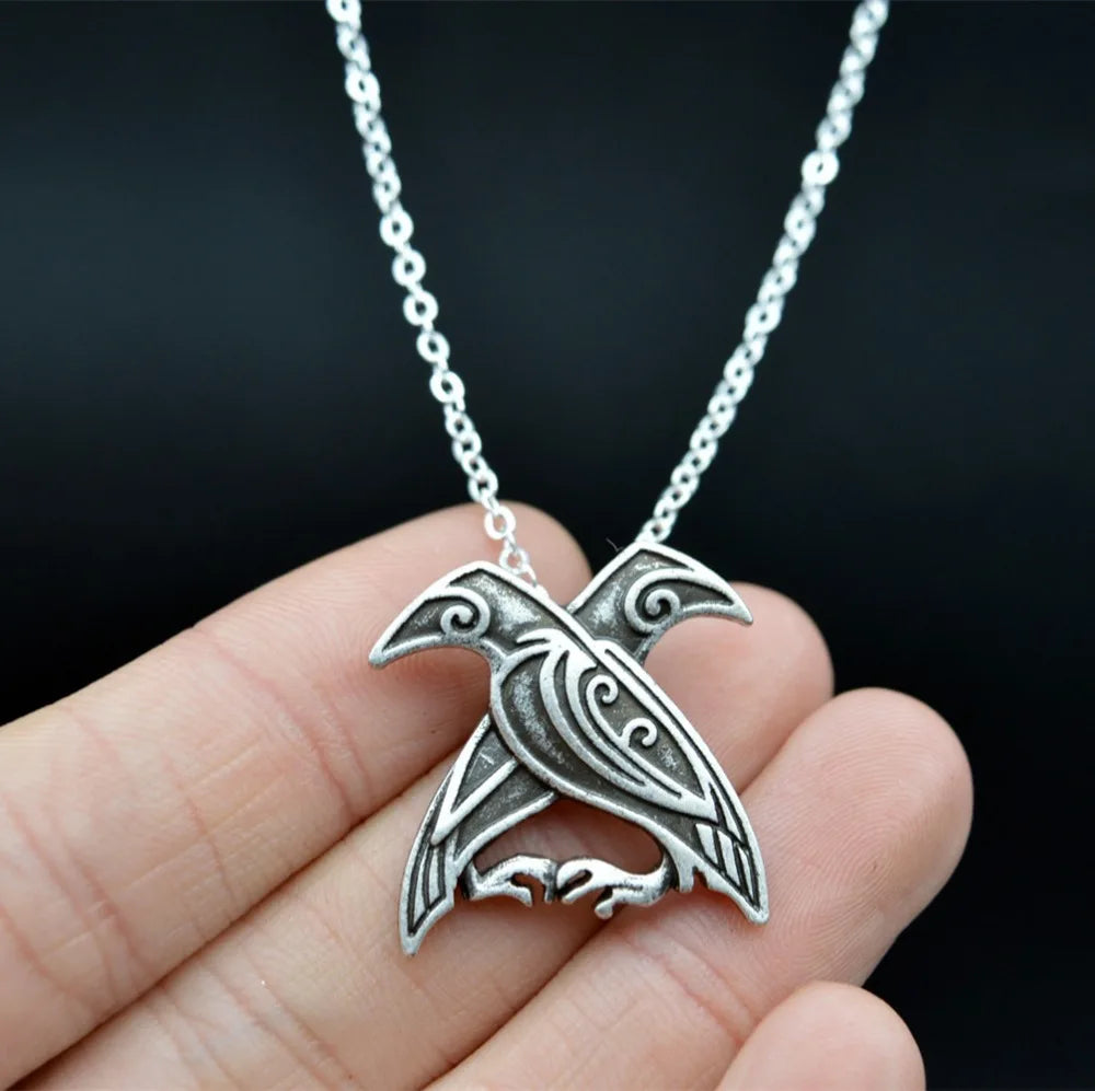 Norse Viking Rune Two Crow Odin's Ravens Bird Pendant Necklace Totem With Chain For Women Men Mythology Amulet Talisman Jewelry