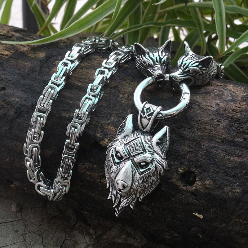 Men stainless steel necklace viking wolf head with viking wolf pendant norse talisman ethnic jewelry