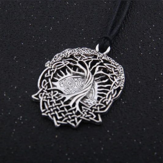 Vintage Silver color Tone Viking Amulet Tree Of Life Runes Pendant Necklace Leather Rope Chain Necklace Colar Jewelry