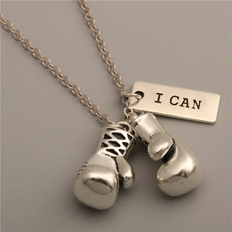 1pc Silver Color Boxing Glove Charms Necklace With Encourage Words "I Can" Pendant For Men Sport Jewelry Keep Fit E271