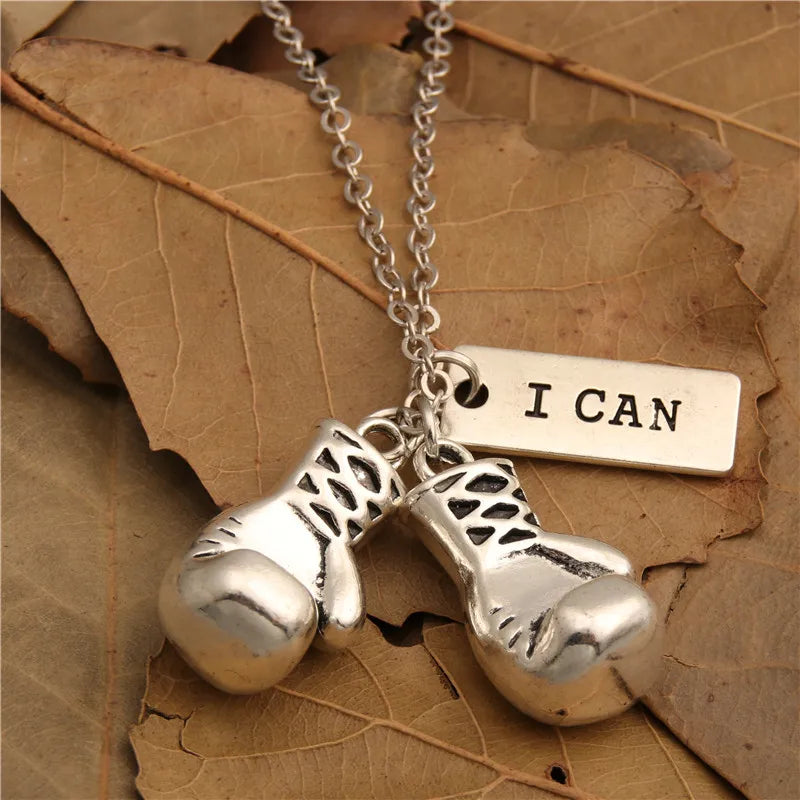 1pc Silver Color Boxing Glove Charms Necklace With Encourage Words "I Can" Pendant For Men Sport Jewelry Keep Fit E271