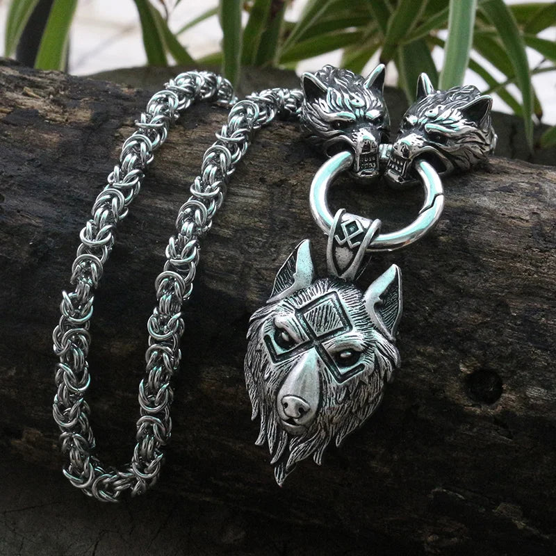 Men stainless steel necklace viking wolf head with viking wolf pendant norse talisman ethnic jewelry