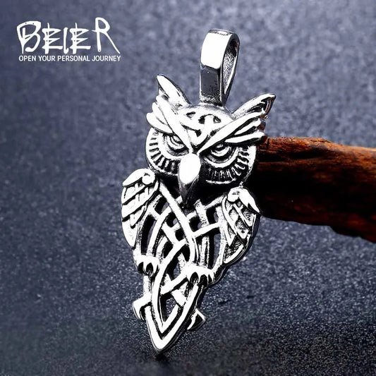 Beier 316L Stainless Steel Nordic Vikings Runes Amulet Pendant Necklace Owl Runes Pendant Necklace Nordic Talisman Chain BP8-293