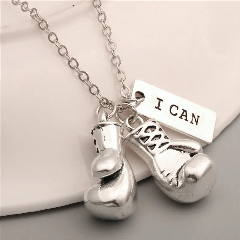 1pc Silver Color Boxing Glove Charms Necklace With Encourage Words "I Can" Pendant For Men Sport Jewelry Keep Fit E271