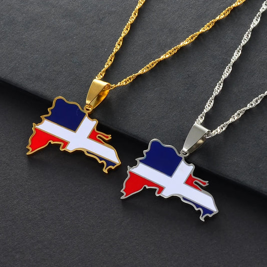 Anniyo Dominican Map Multicolor Flag Pendant Necklaces Dominicans Country Map Jewelry Silver Color/Gold Color @200721