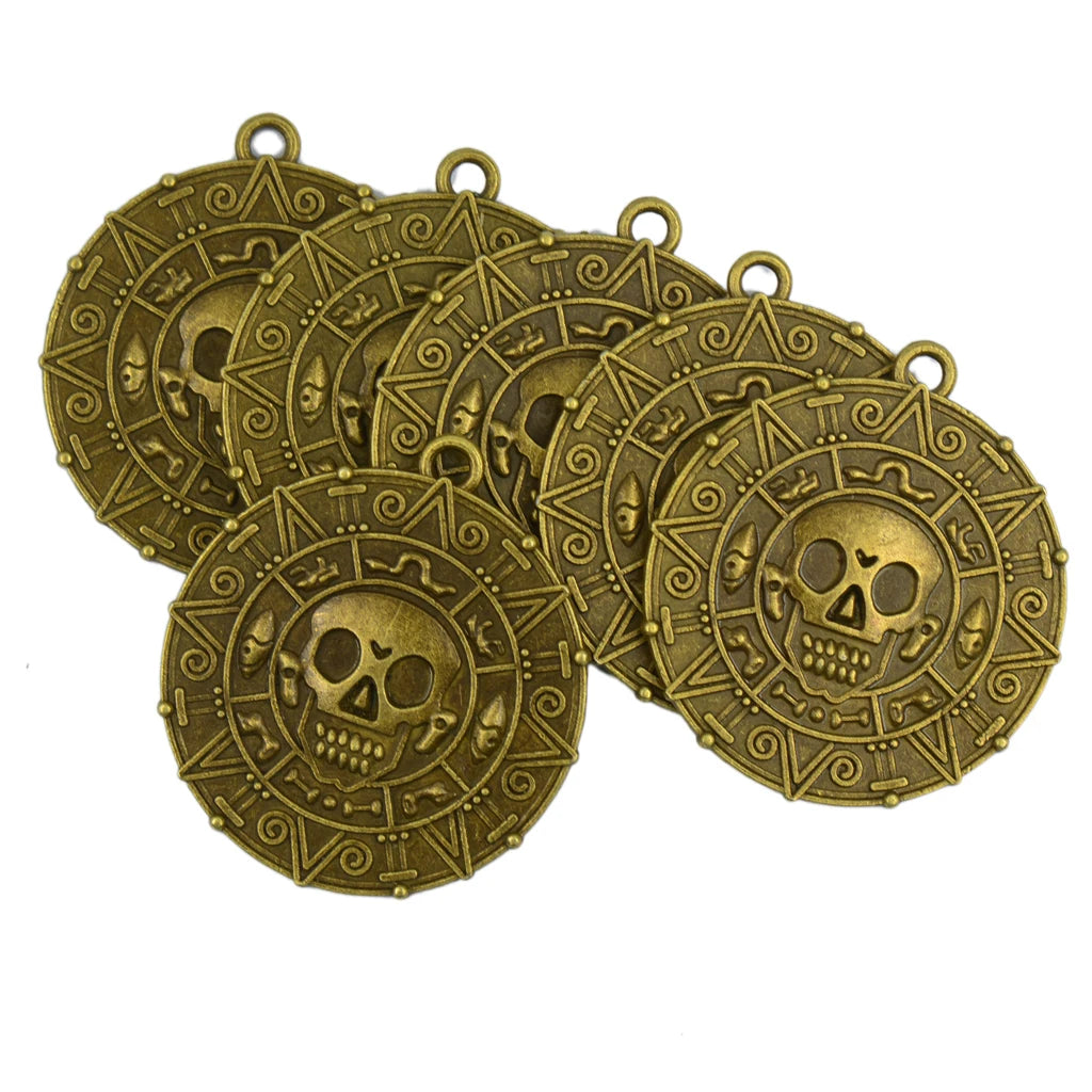 6 PCS Punk Halloween Pirates Aztec Coin Medallion Skull Necklace Pendant Bronze for Necklaces Bracelets Earrings