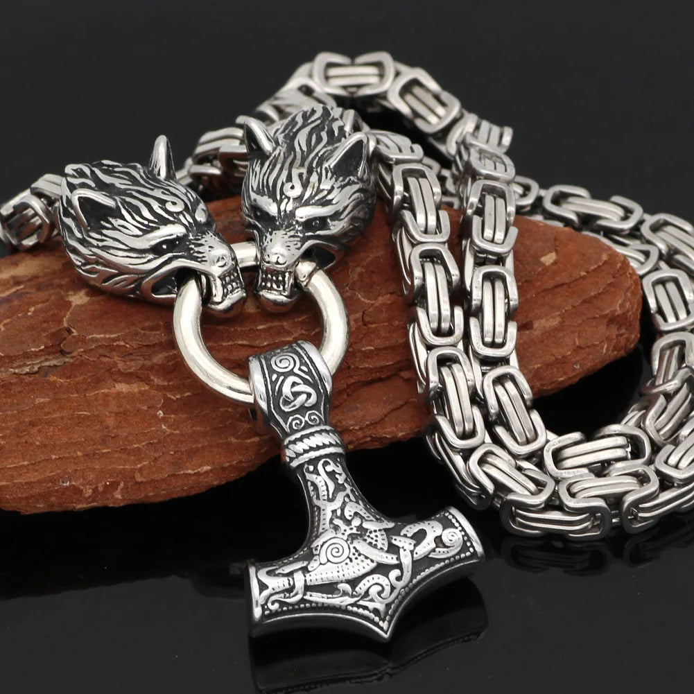 Punk Gold Color Double Chain Viking Wolf Necklace Men Women Hiphop Stainless Steel Amulet Hammer Norse Runes Pendant Jewelry