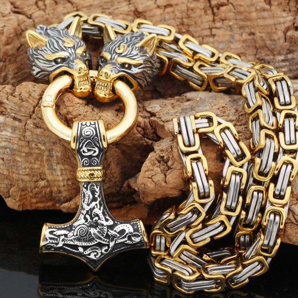 Punk Gold Color Double Chain Viking Wolf Necklace Men Women Hiphop Stainless Steel Amulet Hammer Norse Runes Pendant Jewelry