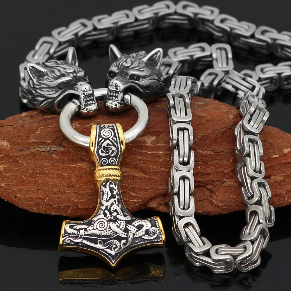 Punk Gold Color Double Chain Viking Wolf Necklace Men Women Hiphop Stainless Steel Amulet Hammer Norse Runes Pendant Jewelry