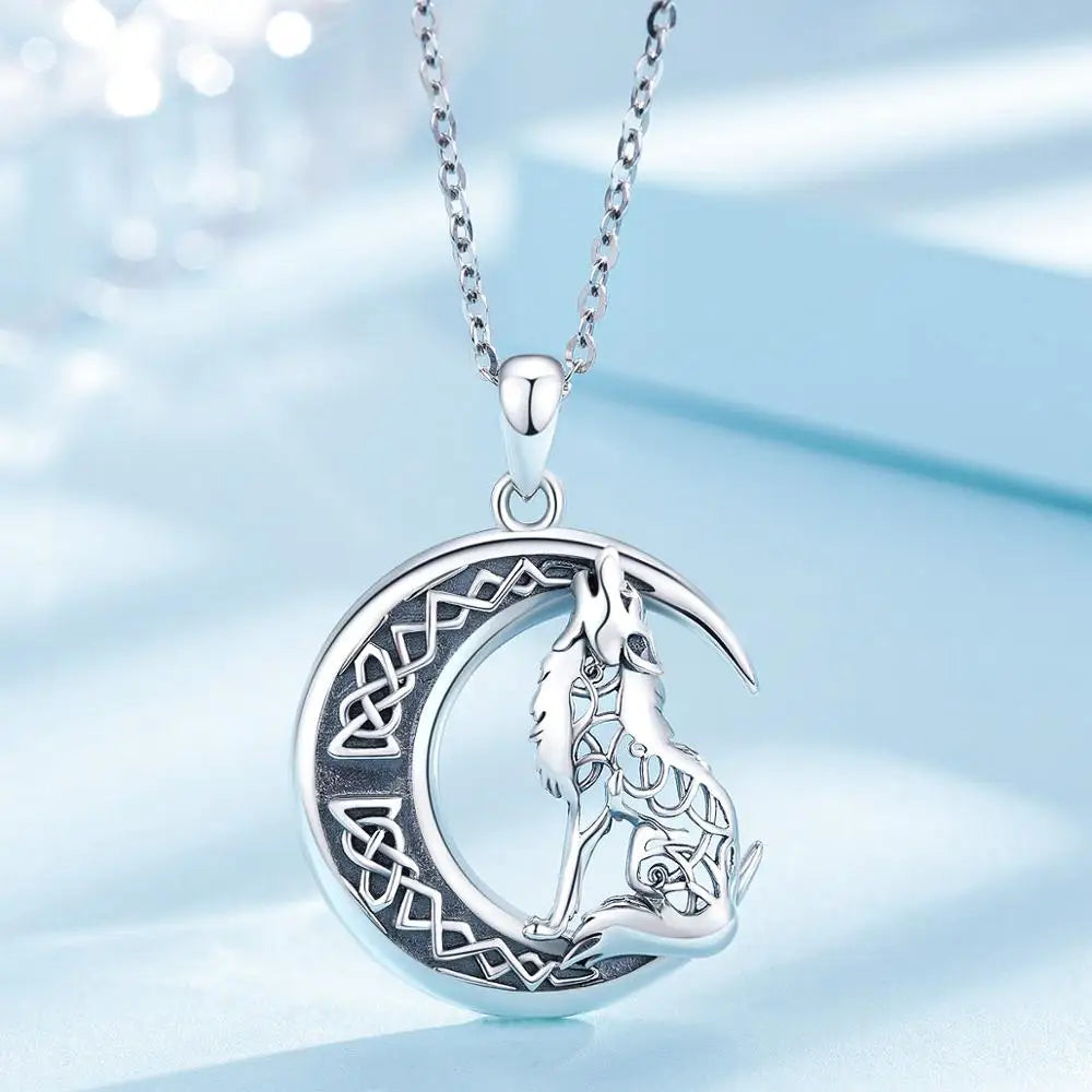 Eudora 925 Sterling silver Wolf on the Moon Necklace Valknut Odin 's Symbol of Norse Viking Warriors Men'women Necklaces CYD554