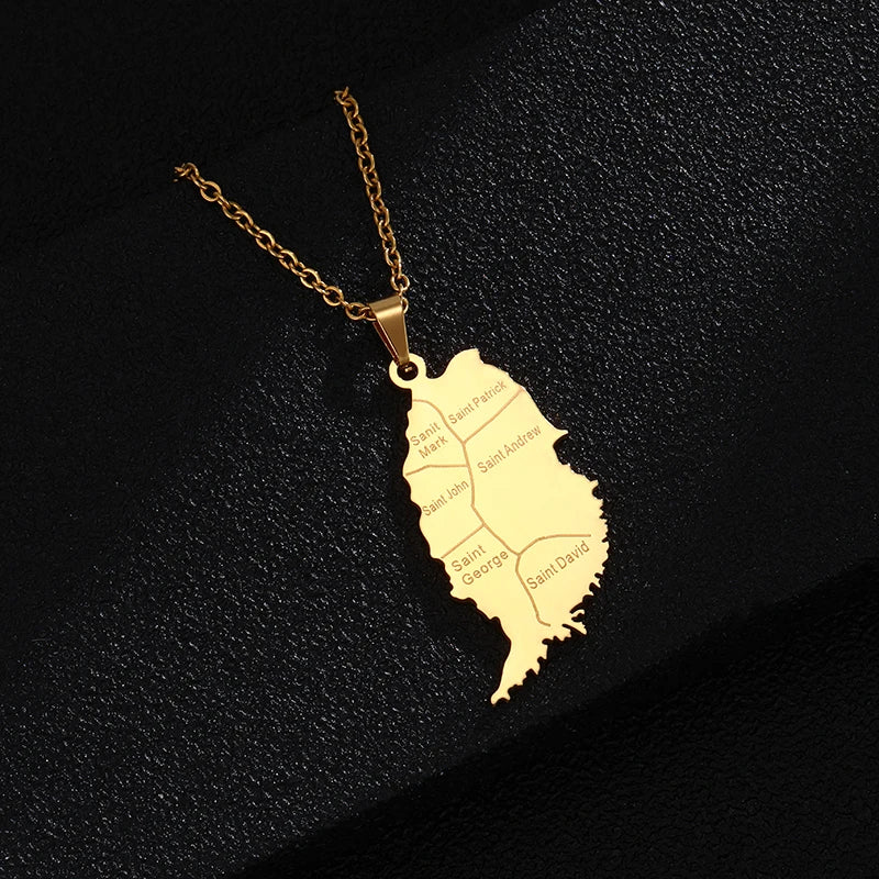 Stainless Steel Grenada Island Map Pendant Necklace Gold/Steel color Men women Country Windward Islands Map jewelry Gift