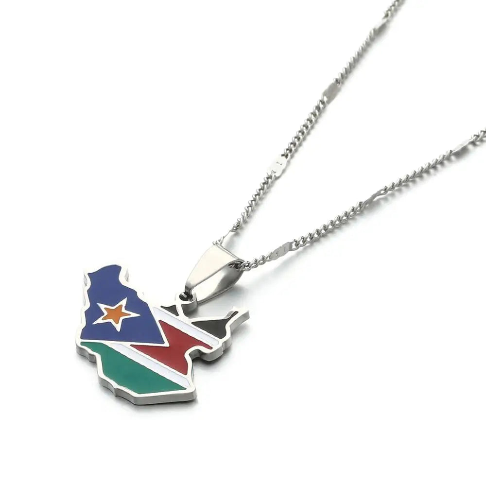 Stainless Steel Enamel South Sudan Map Pendant Necklace Map of South Sudan Country Maps Chain Jewellery