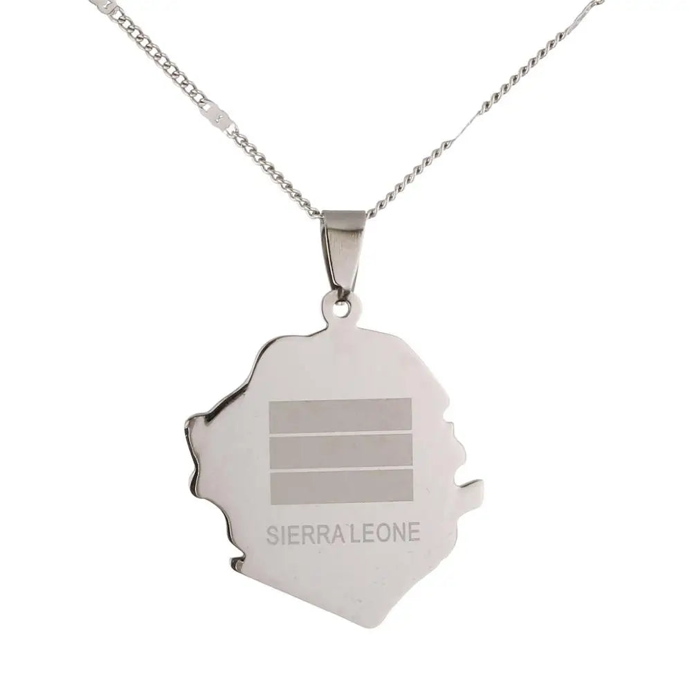 Stainless Steel Sierra Leone Map Flag Pendant Necklaces Country Maps Charm Jewelry