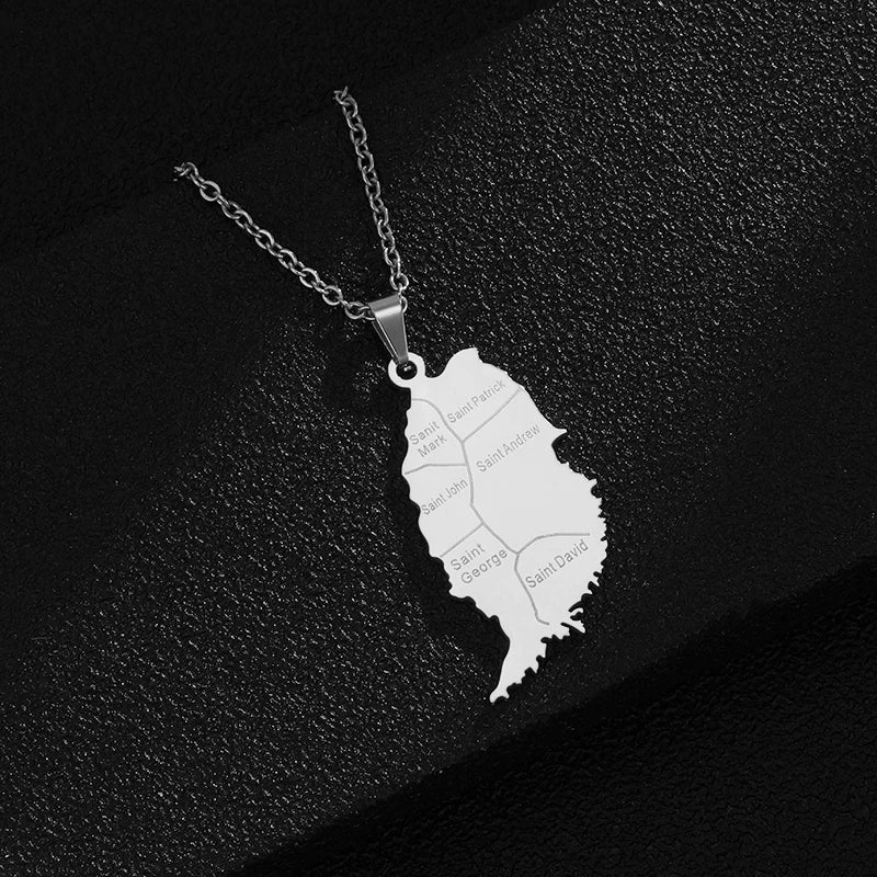 Stainless Steel Grenada Island Map Pendant Necklace Gold/Steel color Men women Country Windward Islands Map jewelry Gift