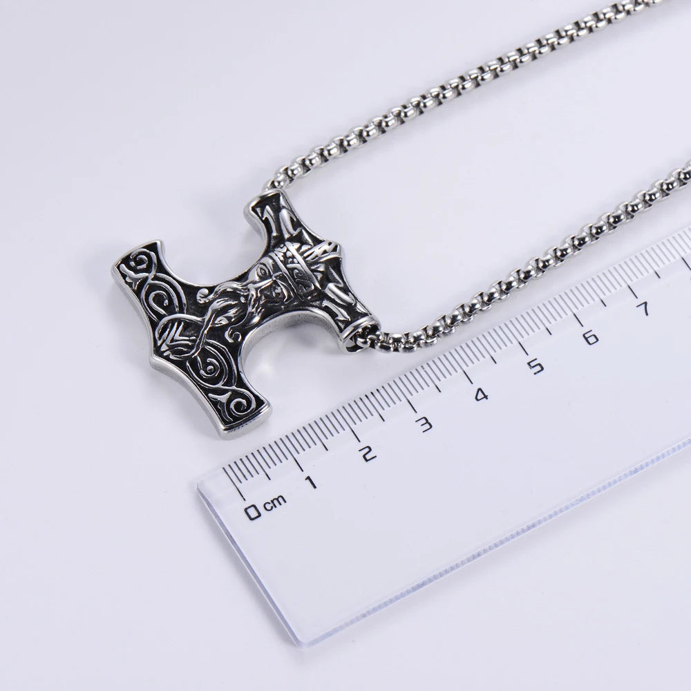 Hot Sell Vintage Stainless Steel Norse Viking Pendant Necklace Wolf Thor's Hammer Mjolnir Scandinavian Odin Amulet Men Jewelry