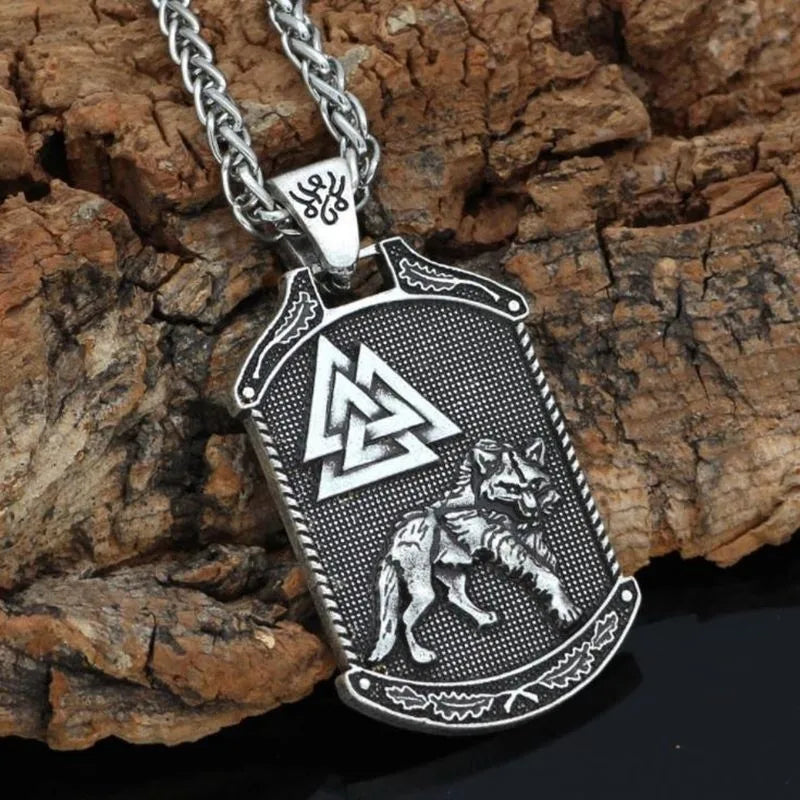 Vintage Viking Celtic Wolf Oding Logo Square Pendant Necklace Men's Nordic Mythological World Tree Animal Totems Talisman Chains