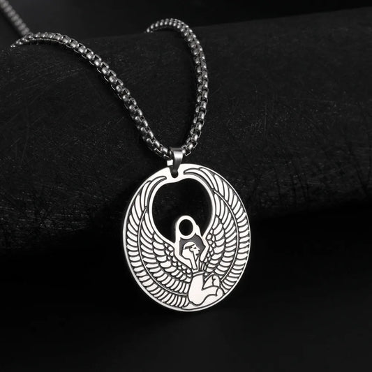 Amaxer Egyptian Mythology Wings Goddess Isis Pendant Necklace Stainless Steel Ancient Egypt Magic Power Charm Jewelry Gifts