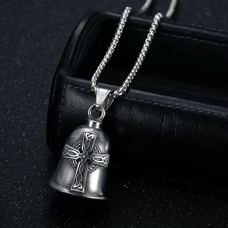 Nordic Mythology Irish Celtic Knot Cross Bell Pendant Necklace Men's Punk Motorcycle Riding Rock Fashion Jewelry